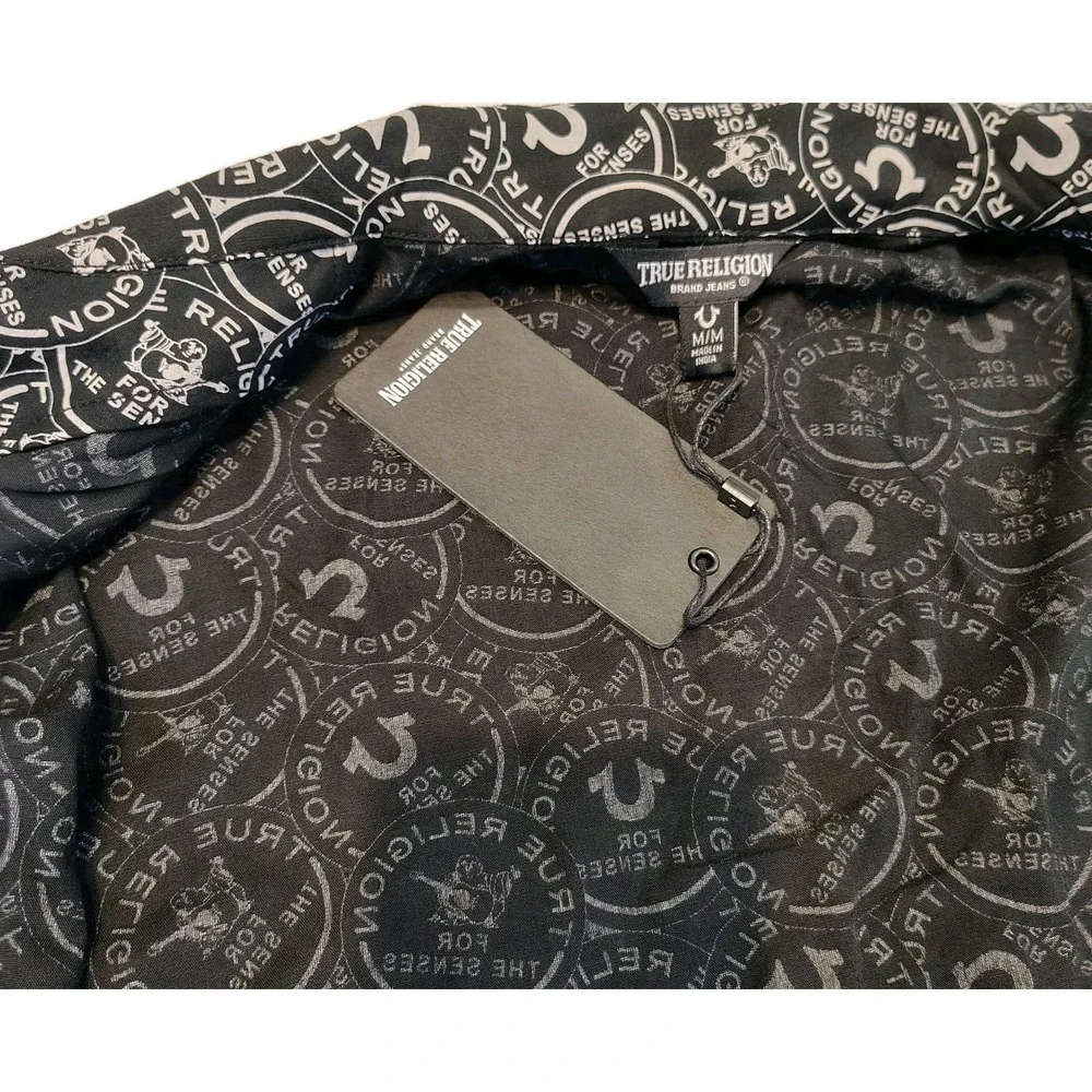 True Religion AOP Resort‎ Shirt Size M Jet Black All Over Logo NWT Mens A1